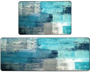 TOMWISH Rugs for Kitchen Floor, Area Rug Turquoise and Grey Abstract Art Painting 17"X48"+17"X24" Non-Slip Rug Set for Dining Room,Floor Home,Office,Sink,Laundry