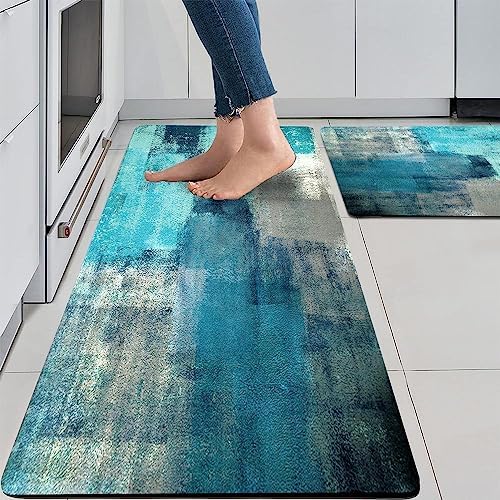 TOMWISH Turquoise Kitchen Rug 2PCS Anti-Fatigue Floor Mat Abstract Non Slip Kitchen Rugs and Mats Waterproof PVC Ergonomic Comfort Standing Mat Kitchen Rugs and Runner Sets for Kitchen,Sink,Laundry