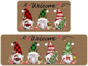 TREWAVE Christmas Kitchen Rugs Gnomes Door Mat Set of 2 Waterproof Non-Slip Welcome Floor Mat Low-Profile Holiday Home Bathroom Decoration (17x29 17x47 Inch) (Pattern-01)