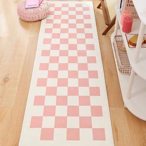 TRUEDAYS 2x6 Washable Modern Runner Rug with Non Slip Backing - Boho Pink Checkered Area Rug Checkerboard Rug - Low Pile Rug Runner for Hallway Bedroom Kitchen and Laundry Room