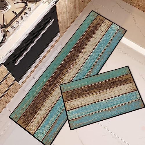 Tayney Rustic Kitchen Rugs and Mats Non Skid Washable Set of 2, Teal Country Wood Board Kitchen Runner Rug, Turquoise Brown Stripes Wooden Plank Texture Under Sink Mats for Kitchen Floor Decor