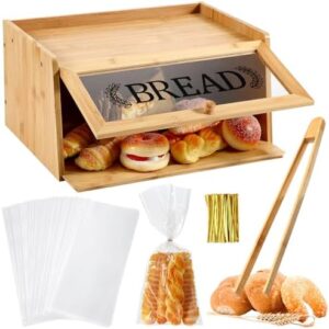 Tioncy Large Capacity Bamboo Bread Box with Cutting Board 1 Pcs Bamboo Wooden Food Tongs 50 Pcs Clear Bread Bags 50 Pieces Ties for Bakers Bakery Owners Kitchen Homemade Loaf Bread Sandwich Storage