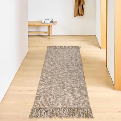 Tiveney Hallway Runner Rug 2x5, Tan/Cream Hand-Woven Bathroom Runner Rugs with Tassle Farmhouse Braided Laundry Room Rug Reversible Washable Runner Rugs for Entryway Kitchen Sink Bedroom