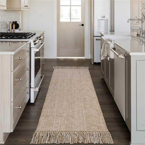 Tiveney Runners for Hallways 2x6, Tan/Cream Hand-Woven Farmhouse Kitchen Runner Rug Braided Long Entry Rug Washable Carpet for Bedroom Entryway Entrance Bathroom Laundry Room