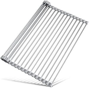 Tomorotec 17.7" x 15.5" Roll Up Dish Drying Rack Over Sink Drying Rack Sink Cover Kitchen Sink Accessories Gadget Multipurpose Organizer Foldable Stainless Steel Drainer (Grey)