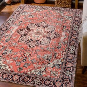 Toneed Washable Area Rug, 4 x 6 Feet Rug with Rubber Backing Non Slip Vintage Carpet for Bedroom Living Room Kitchen Entryway Bathroom Laundry Decor - Red