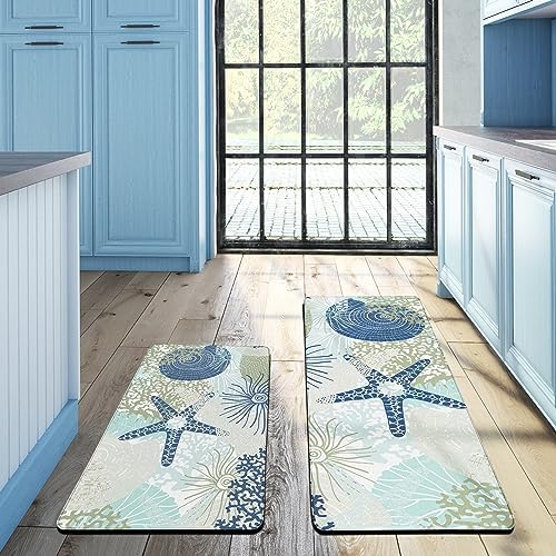 Tritard Coastal Kitchen Mat Set of 2-0.4 Inch Thick PVC Anti-Fatigue Beach Nautical Kitchen Rugs Non-Slip Cushioned Comfort Kitchen Floor Mats for Standing, Sink Laundry Office, 17.3"x28"+17.3"x47"