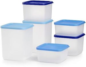 Tupperware Stacking Square Storage Set - Dishwasher Safe & BPA Free - (6 Clear Containers + 6 Blue Lids)