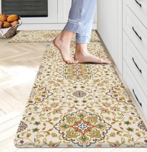 Tyrot Boho Kitchen Mat Set of 2 Cushioned Anti-Fatigue Floor Mat PVC Rubber Kitchen Rugs Non Slip Waterproof Damask Floral Kitchen Rugs and Mats Comfort Standing Memory Foam Mat for Kitchen