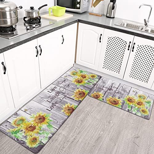 U'Artlines 2Pcs Kitchen Rug Runner Set Anti Fatigue Sunflower Mats for Home Office Non Slip Waterproof Heavy Duty Comfort Standing Mats(17''x28''+17''x47'', Offwhite)