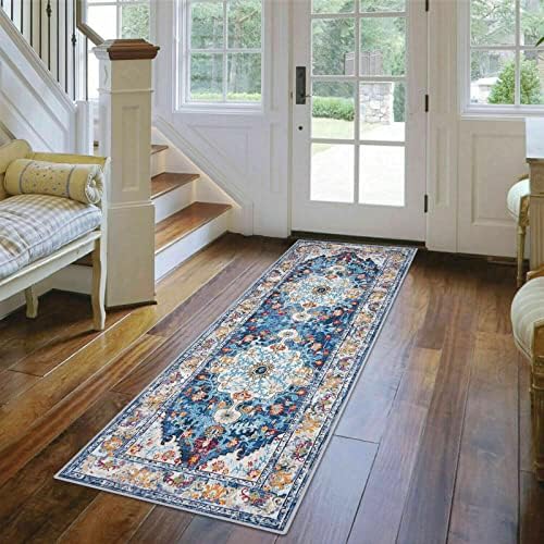 U'Artlines Boho Hallway Runner Rug 2' x 6' Vintage Farmhouse Laundry Rug Runner Accent Area Rug Carpet Non Slip Washable Kitchen Rug Entryway Runner Mat Throw Rug for Living Room(Blue)