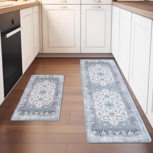 UBTKEY Kitchen Mat Set 2PCS Cushioned Anti-Fatigue Mats for Kitchen Floor, Non Slip Waterproof Kitchen Rugs Sets of 2 for Kitchen Standing, 17.3" × 29" + 17.3" × 47" (Blue)