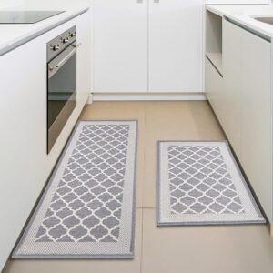 UBTKEY Kitchen Rugs Sets of 2, Kitchen Mats for Floor Non Slip Washable, Absorbent Kitchen Floor Mats 2 Pieces for in Front of Kitchen Sink, Laundry & Hallway, 17"x30"+17"x47", Geometric Grey