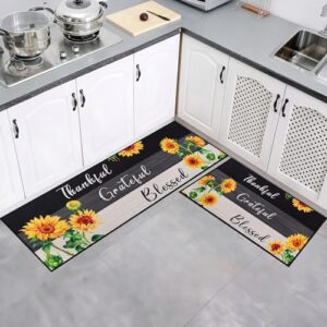 UBTKEY Sunflower Kitchen Rugs Sets of 2, Kitchen Mats for Floor, Washable Non Slip Rubber Backing Kitchen Mats for Kitchen, Sink & Laundry, Sunflower Kitchen Decor, 17"x30"+17"x47"