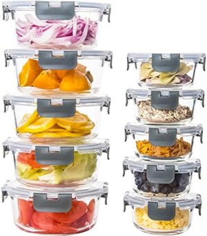 UMI UMIZILI Glass Food Storage Containers Set of 10, Airtight Glass Meal Prep Containers with Lids Leakproof, Microwave and Dishwasher Safe Glass Lunch Boxes