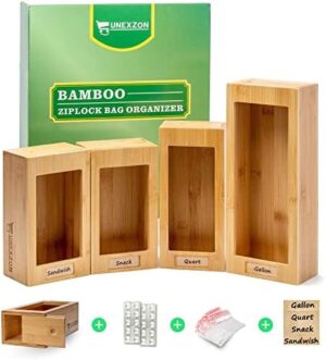 UNEXZON Bamboo Ziplock Bag Storage Organizer For Kitchen Drawer. Ziploc & Plastic Bag Holder, Baggie Organizer Compatible With Gallon, Quart, Sandwich & Snack Variety Size Food Bags (1 Box 4 Slots)