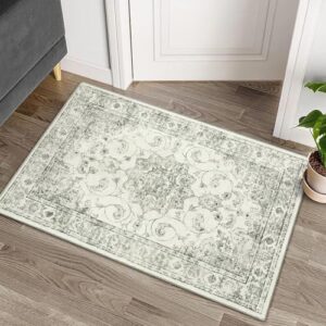 Uphome Vintage 2x3 Entryway Rug Door Mat, Soft Non-Slip Washable Small Rug with Rubber Backing, Low Pile Foldable Kitchen Rug, Oriental Collection Gray Floral Throw Rug for Bathroom Bedroom Sink