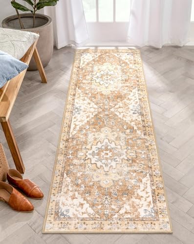 Uphome Washable Runner Rug 2x6, Boho Vintage Kitchen Rug Runner, Non-Slip Soft Khaki Long Entryway Rug, Oriental Floral Distressed Carpet Throw Rug for Hallway Bathroom Bedroom Decor