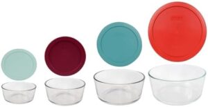 Utensilux Bundle Pyrex 8 Peice Round Bundle 4 Glass Storage Containers Set With Lids, 7 Cup Red Lid, 4 Cup Turquiose Lid, 2 Cup, & 1 Cup Meal Prep Container Set With Lid, Bpa-free Lid, Dishwasher safe