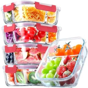 VERONES 5 Pack Glass Meal Prep Containers 3 Compartment Set, 36OZ Airtight Glass Lunch Containers, Glass Food Storage Containers with Lids, for Microwave, Oven, Freezer & Dishwasher Friendly,Red