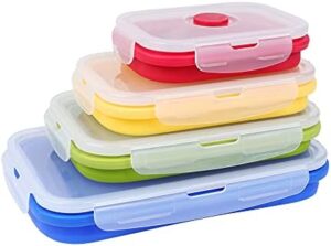 VIGIND Set of 4 Collapsible Foldable Silicone Food Storage Container, Leftover Meal Box With Airtight Plastic Lids For Kitchen, Bento Lunch Boxes-Microwave, Dishwasher and Freezer Safe