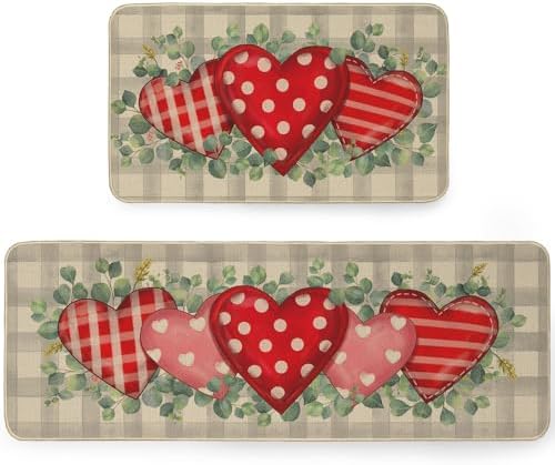 Valentines Day Kitchen Mats Set of 2, Valentine's Day Kitchen Rugs and Door Mats, Non-Slip Absorbent Floor Mat Seasonal Kitchen Decorative 17x29 and 17x47 Inch AKM008