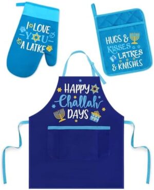 Vansolinne Hanukkah Baking Apron Oven Mitts Potholder Chanukah Kitchen Accessories Set of 3 - Fun Hanukkah Cooking Apron for Women, Home Kitchen Decor Housewarming Gifts