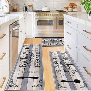 Vaukki Boho Kitchen Rug Sets 3 Pieces, Washable Kitchen Mats for Floor, Non Slip Soft Kitchen Area Rug Floor Mat for Kitchen, Laundry Room and Hallway (Grey and Beige, 20''x32''+20''x47''+20''x59'')