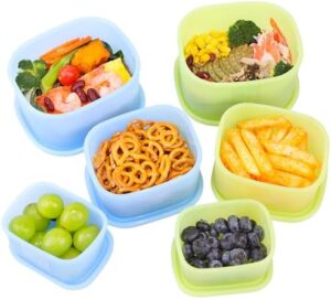 Viotiin Silicone Food Storage Containers with Airtight Lids, Set of 6, 8oz + 16oz + 24oz, Nesting Reusable Containers for Lunch, Leftovers, Fruits, Dishwasher & Microwave & Freezer Safe, Green + Blue