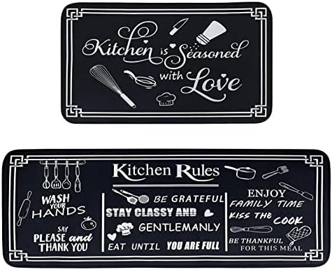 Voanos Black and White Kitchen Rugs,Non Skid Washable Microfiber mats for Kitchen Floor, Kitchen Rules Theme Kitchen Cushioned Runner Rug Decor Sets of 2,Size 17"x 47"+17"x 30"