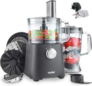 VonShef 220Volt 750W Food Processor – Blender, Chopper, Juicer, Multi Mixer with Dough Blade, Shredder & Grater Attachment - 2L Mixing Bowl & 1.8L Jug Bundle With Dynastar Plug Adapters 220-240V (NOT FOR USA)