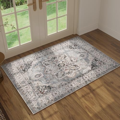 Vowkten 2x3 Rug Machine Washable Boho Small Area Rug Non-Slip Low Pile Vintage Rugs for Door Mat, Kitchen, Floor, Entryway, Powder Room Grey