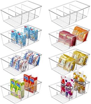 Vtopmart 8 Pack Food Storage Organizer Bins, Clear Plastic Bins for Pantry, Kitchen, Fridge, Cabinet Organization and Storage, 4 Compartment Holder for Packets, Snacks, Pouches, Spice Packets