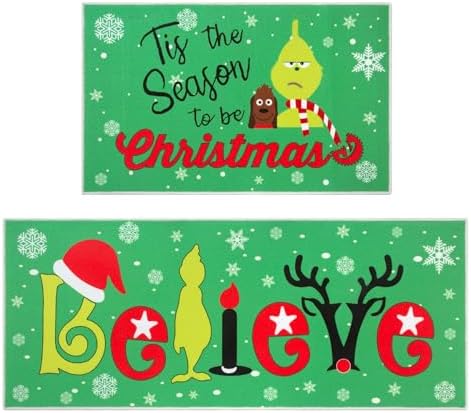 WOBUBU Christmas Kitchen Mats Sets of 2 Non Slip Washable Kitchen Rugs for Floor 2 Piece Absorbent Runner Rugs Set for Kitchen Winter Christmas Decoration Green