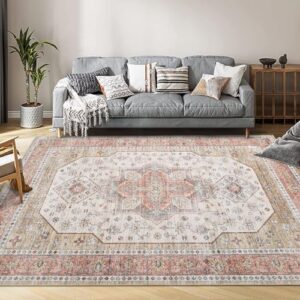 Washable Floral Print Area Rug, 4x6 Traditional Vintage Boho Indoor Carpet, Non-Shedding Low Pile Floor Mat with Non-Slip Rubber Backing for Bedroom Living Room Dining Room Office, Beige