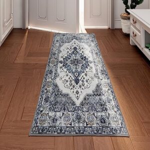 Washable Hallway Bobo Runner Rug: 2x7 Vintage Entryway Kitchen Rugs Persian Bedroom Bathroom Floor Carpet - Grey Indoor Laundry Room Non-Slip Mat with Rubber Backing