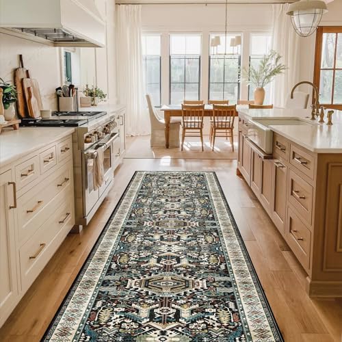 Washable Kitchen Runner Rug - 2'6''x12' Hallway Rug Distressed Mats Non-Slip Soft Room Floor Carpet for Dining Room (Black, 2'6'' x 12')