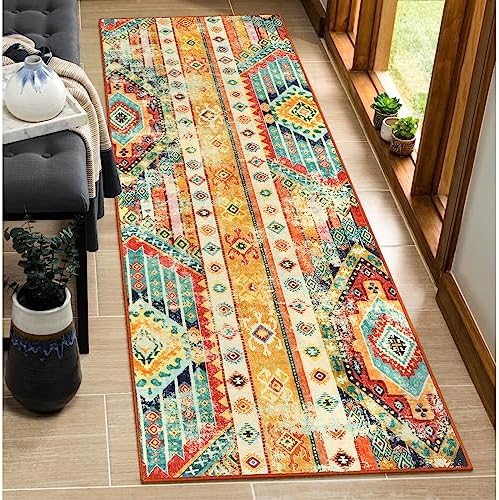 Wonnitar Boho Washable 2x6 Runner Rug,Colorful Ultra-Thin Non-Slip Kitchen Rug Runner,Southwestern Tribal Laundry Carpet Runner,Distressed Printed Throw Mat for Bathroom Hallway Bedroom