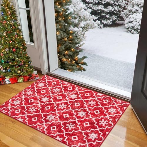 Wonnitar Christmas Snowflake 2x3 Entryway Rug Red Front Door Mat,Washable Winter Moroccan Bathroom Rugs,Soft Holiday Xmas Low Pile Non-Slip Kitchen Throw Mat for Bedside Laundry Decor