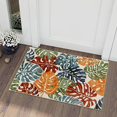 Wonnitar Colorful Washable Rugs 2x3,Tropical Leaves Front Door Entryway Rug,Non-Slip Monstera Bathroom Accent Mat Plant Soft Small Floor Carpet for Indoor Entrance Kitchen Sink Decor