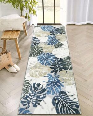 Wonnitar Kitchen Rug Runner,2x6 Runner Rugs Non-Skid Washable,Blue Leaf Bath Runner Carpets with Rubber Backing,Soft Coastal Low Pile Non-Shedding Entry Mat for Bedroom Entrance Laundry