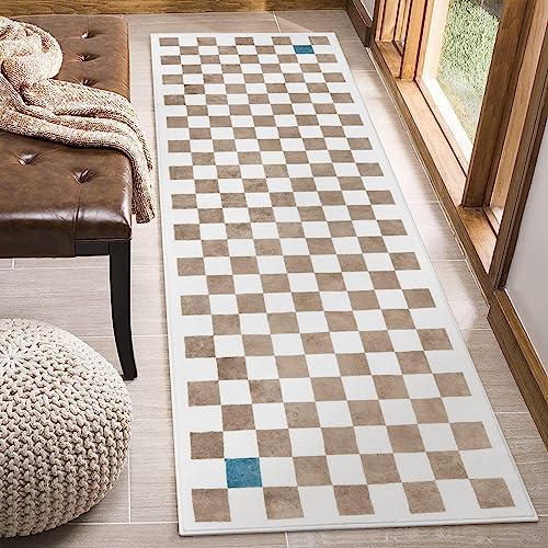 Wonnitar Modern Checkered Washable Runner Rug,2x6 Khaki Bathroom Rugs Runner,Geometric Checkerboard Long Kitchen Runner,Non-Slip Low Pile Soft Entryway Throw Mat for Bedroom Office Laundry