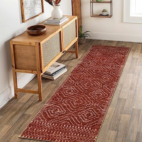 Wonnitar Moroccan 2'6"x8' Hallway Runner Rug,Washable Long Farmhouse Laundry Room Rug Runner,Non-Skid Boho Tribal Geometric Floor Carpet Runners for Kitchen Entrance Bathroom,Reddish Brown