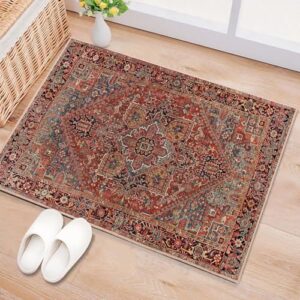 Worxvell 2x3 Entryway Area Rugs, Indoor Door Mat Non Slip Backing Washable, Vintage Distressed Small Low-Pile Rug Throw Carpet for Front Entrance Kitchen Bedroom Bathroom