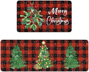 Xsinufn Buffalo Plaid Merry Christmas Tree Holly Kitchen Rugs and Mats Set 2 Piece for Floor, Snow Xmas Winter Holiday Non Skid Low-Profile Sink Rug Mat Decorations for Home Kitchen 18"x48"+18"x30"