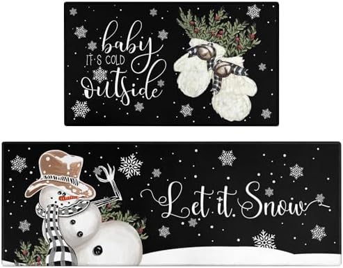 Xsinufn Christmas Kitchen Rugs and Mats Set of 2,Winter Snowman Let It Snow Snowflake Knitted Gloves Xmas Holiday Sink Floor Mat Non Skid Washable for Home Farmhouse Christmas Decor 17"x47"+17"x30"