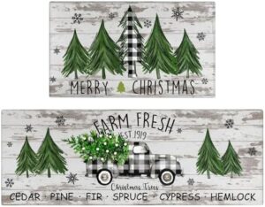 Xsinufn Merry Christmas Kitchen Rugs and Mats Set of 2,Buffalo Plaid Christmas Tree Truck Xmas Winter Holiday Sink Floor Mat Non Skid Washable for Home Farmhouse Christmas Decor 17"x47"+17"x30"