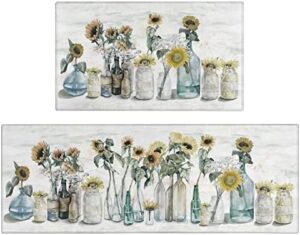 Xsinufn Sunflower Farmhouse Kitchen Rugs Set of 2,Colorful Spring Summer Flowers Kitchen Rugs and Mats Non Skid Washable,Farmhouse Kitchen Runner Rugs with Rubber Backing (17"x48"+17"x30")