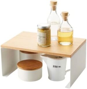 YAMAZAKI Wood-Top Stackable Kitchen Rack-Modern Counter Shelf Organizer, White