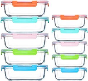 YANGNAY 10 Pack Glass Food Storage Containers with Airtight Lids, Leak-Proof Meal Prep Containers with Lids, Dishwasher/Microwave/Oven/Freezer Safe (Multicolor)